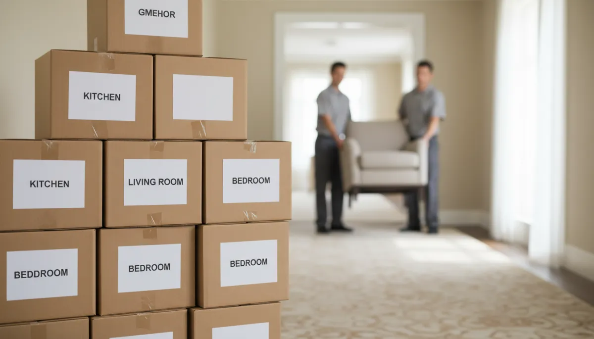 Labeled moving boxes being handled by professional movers during a fast relocation Labeled moving boxes being handled by professional movers during a fast relocation