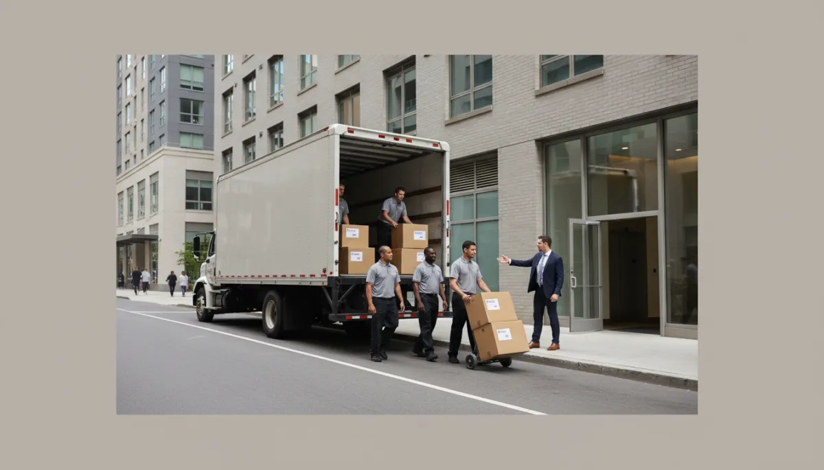 Moving truck parked in a loading zone outside a city apartment building Moving truck parked in a loading zone outside a city apartment building