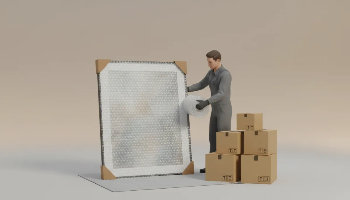 Mover carefully wrapping framed artwork and labeling moving boxes Mover carefully wrapping framed artwork and labeling moving boxes