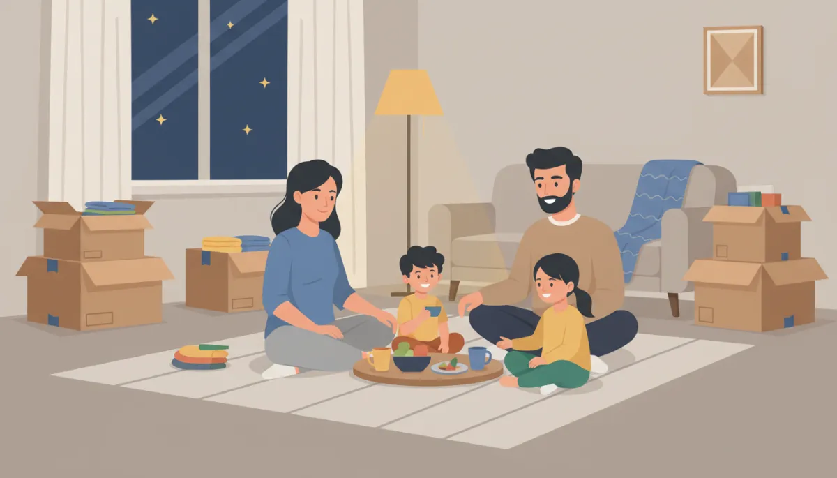 Family sitting peacefully in a new living room surrounded by neatly stacked boxes after an organized move Family sitting peacefully in a new living room surrounded by neatly stacked boxes after an organized move