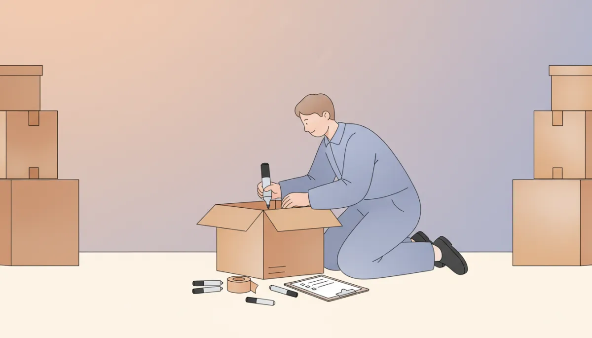 Person labeling moving boxes and reviewing an organized checklist Person labeling moving boxes and reviewing an organized checklist