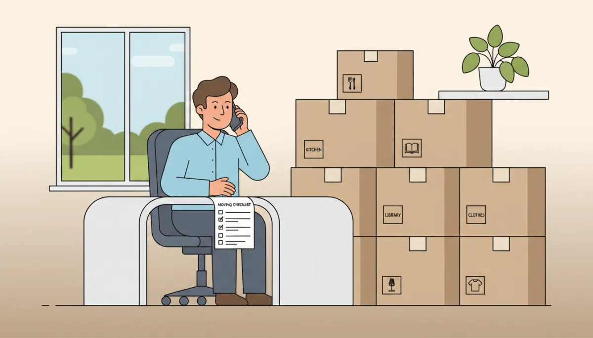 Organized home office with labeled boxes and a moving checklist on the desk Organized home office with labeled boxes and a moving checklist on the desk