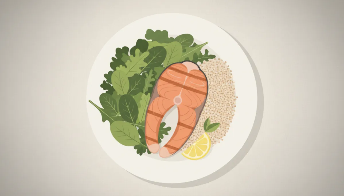 Illustration of a balanced plate with greens, salmon, and quinoa
