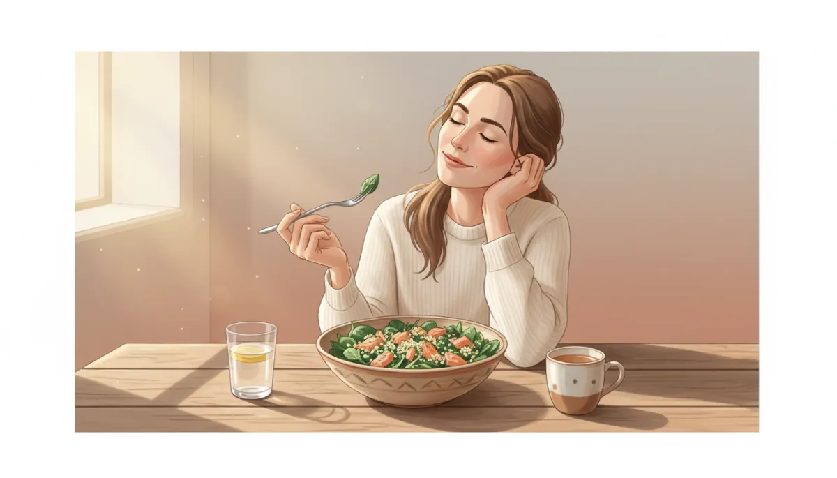 soft neutral-tone illustration of a woman in her late 30s relaxing at a kitchen table with a bowl of leafy greens, salmon, and quinoa in front of her, warm natural light, calm mood
