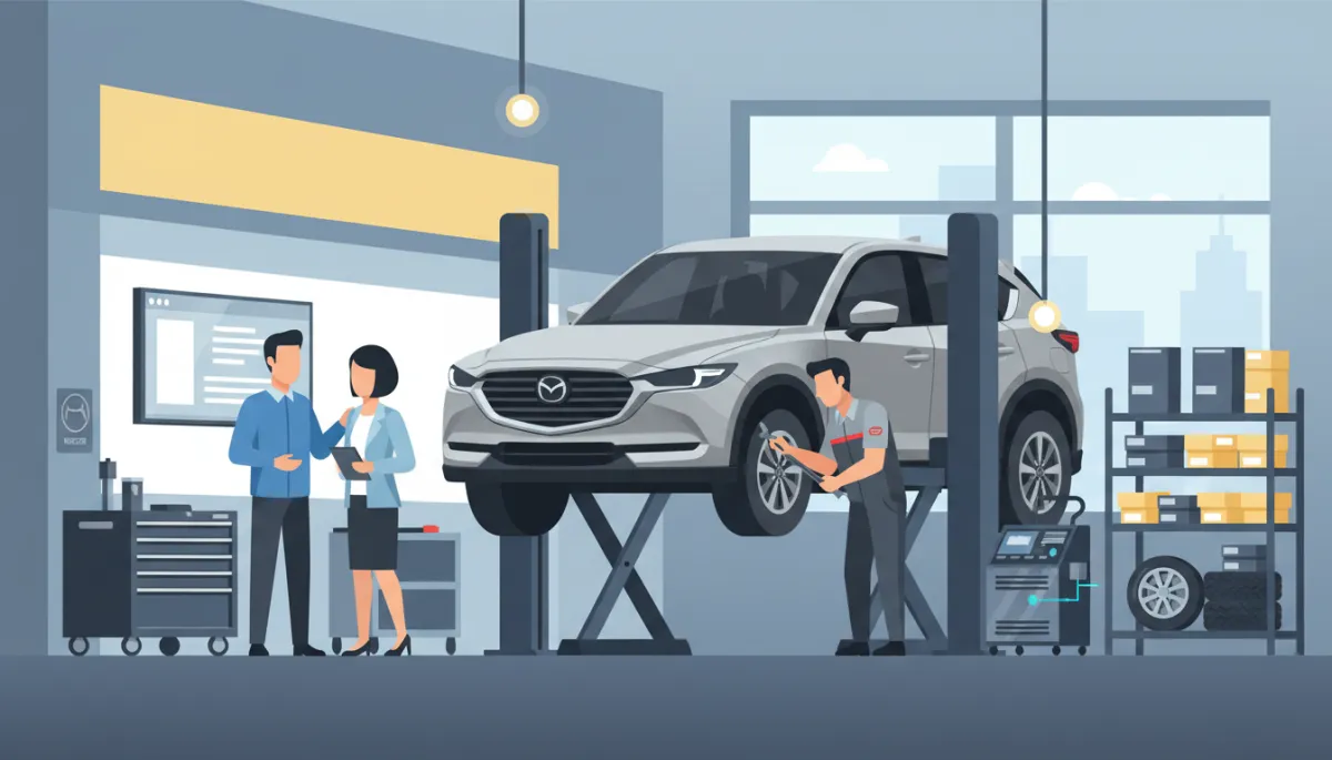 Mazda-Techniker und Serviceberater in einer modernen Werkstatt beim Autohaus