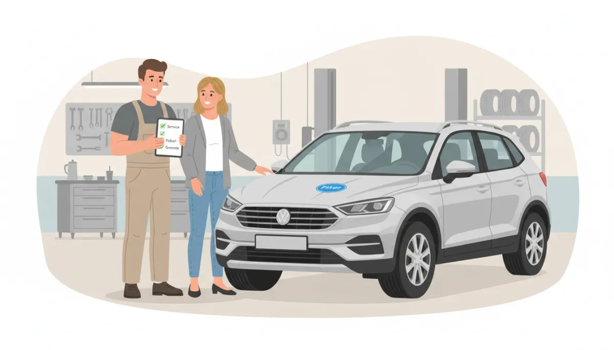 Illustration eines technischen Gebrauchtwagenchecks in einer Werkstatt
