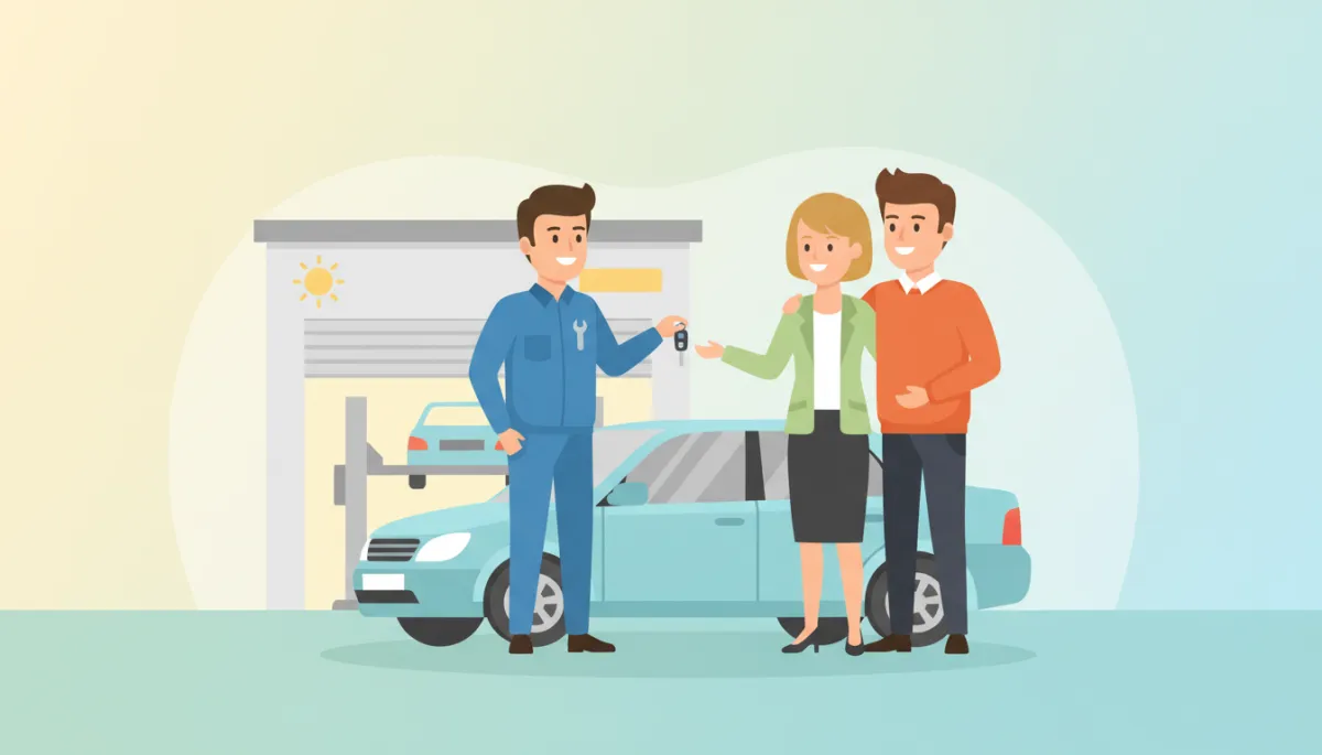 Zufriedene Kunden holen ihr Auto aus der Werkstatt ab