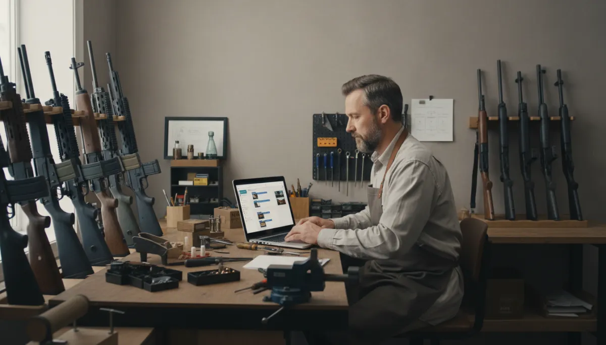 FFL dealer updating website content from inside their firearms business FFL dealer updating website content from inside their firearms business