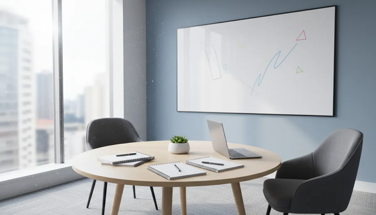 A photorealistic, high quality image of a modern, well lit office space with a clean, minimalist design. The scene is set for a coaching session, but no people are present—just an inviting round table with neatly arranged notepads, pens, a laptop, and a potted plant. Large windows let in natural light, and a whiteboard with motivational notes is visible in the background. The atmosphere conveys professionalism, collaboration, and readiness for a session, while respecting privacy by not including any individuals. This image maintains a professional and consistent visual style suitable for a coaching academy blog.