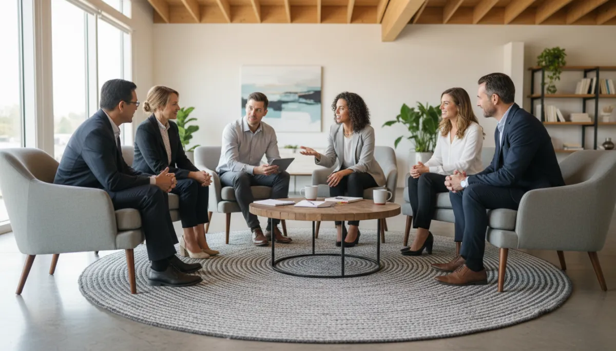 A real, non-AI, high-quality photograph of a small cohort of professional adults seated in a circle, actively participating in a coaching workshop or training session. The group is diverse and appears engaged and present, in a modern, comfortable room with simple furnishings.