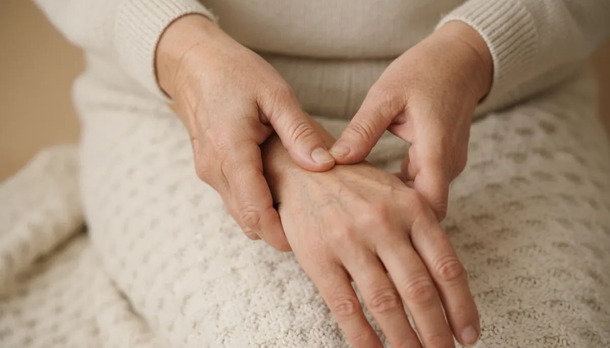 Close-up of older adult massaging a stiff wrist while resting Close-up of older adult massaging a stiff wrist while resting