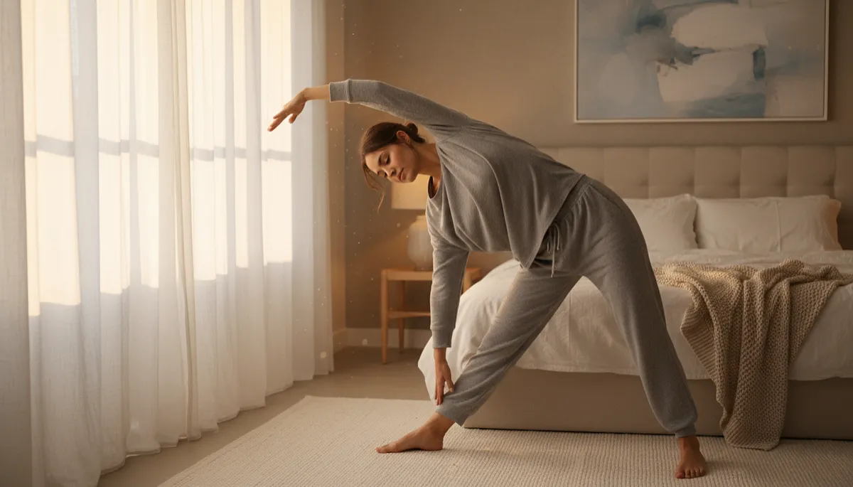 Person doing gentle stretches beside the bed as part of an evening routine Person doing gentle stretches beside the bed as part of an evening routine