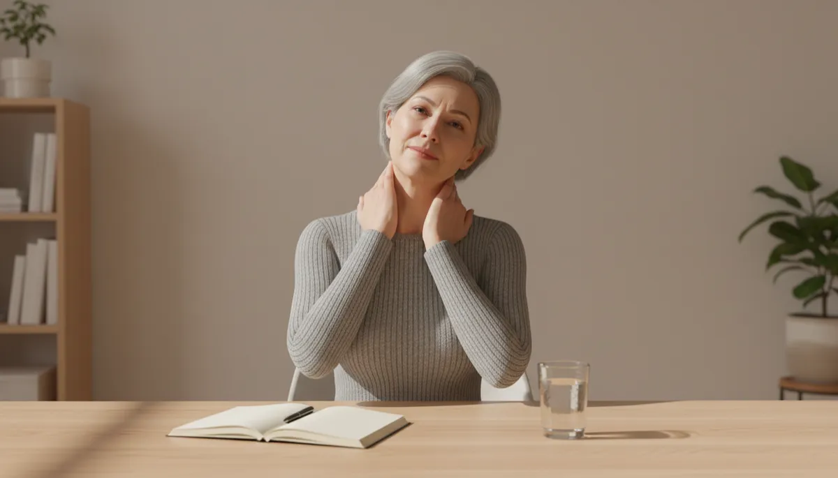 Woman massaging her neck and shoulders while reflecting at a table