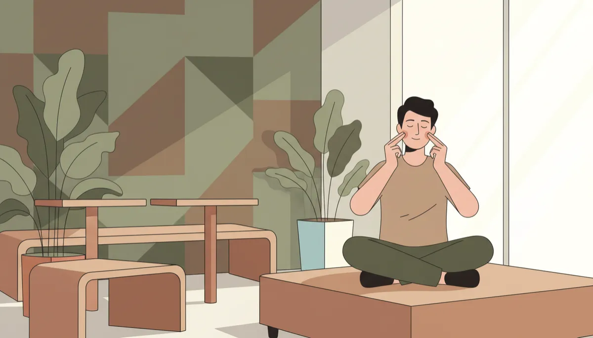 Professional employee practicing EFT tapping in a quiet office space