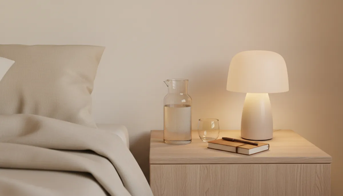 Bedside table with journal, water carafe and soft lamp in warm tones