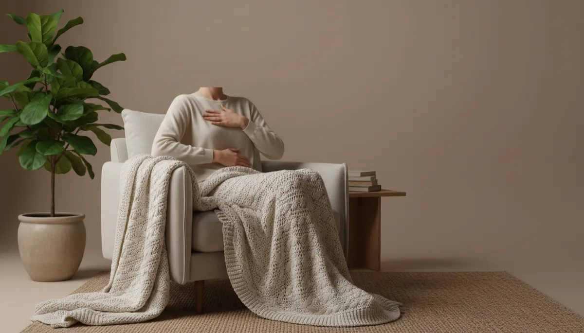 Professional neutral-toned scene of a person practising a calming self-care technique at home Professional neutral-toned scene of a person practising a calming self-care technique at home
