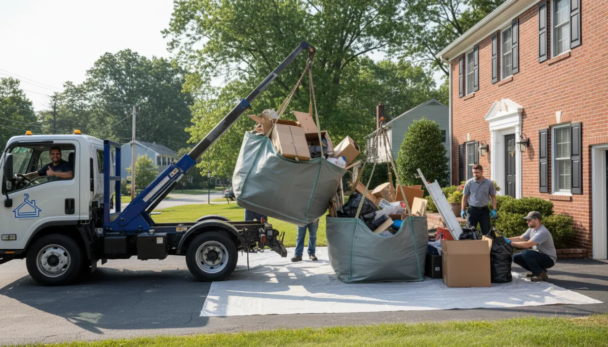 professional photorealistic scene of a junk removal crew loading branches and old fencing into a truck in a Framingham backyard, neutral tones, organized and tidy work environment