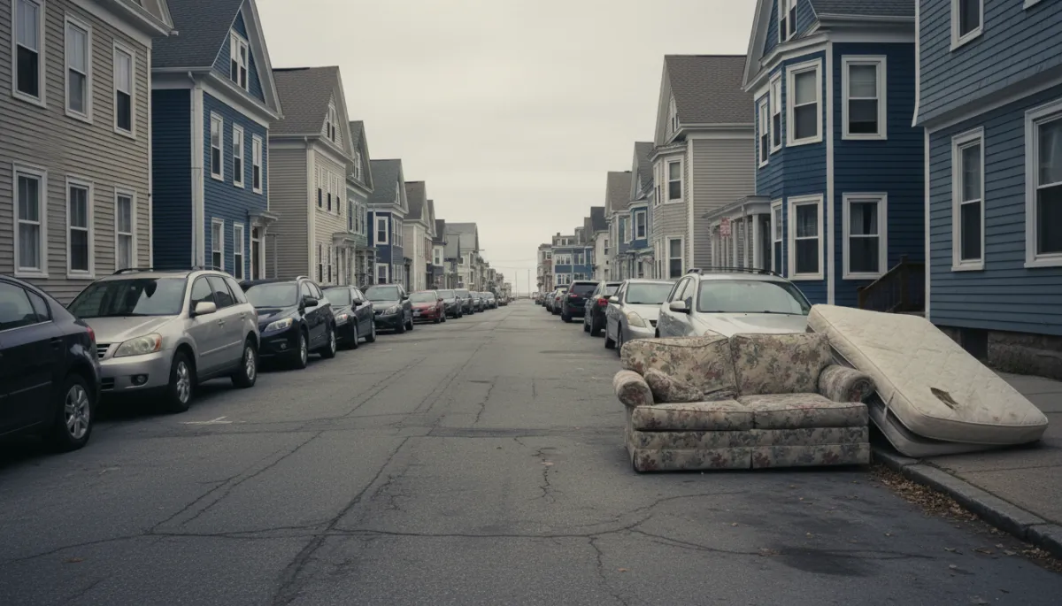 photographic realistic view of a narrow Gloucester MA residential street with cars parked on both sides, a bulky sofa and mattress placed near the curb waiting for pickup, overcast coastal light, neutral tones