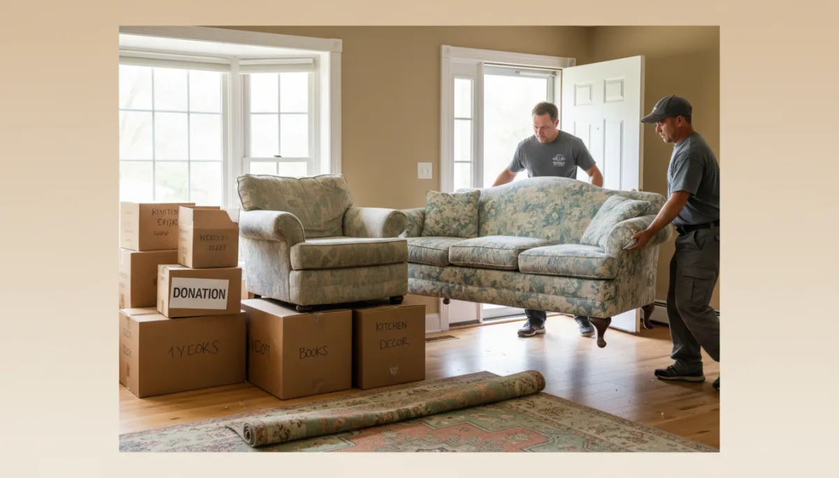 photographic realistic interior of a Gloucester MA living room being cleared out, with movers carrying an old couch toward the door while a donation-ready chair and boxes are neatly stacked, soft neutral colors