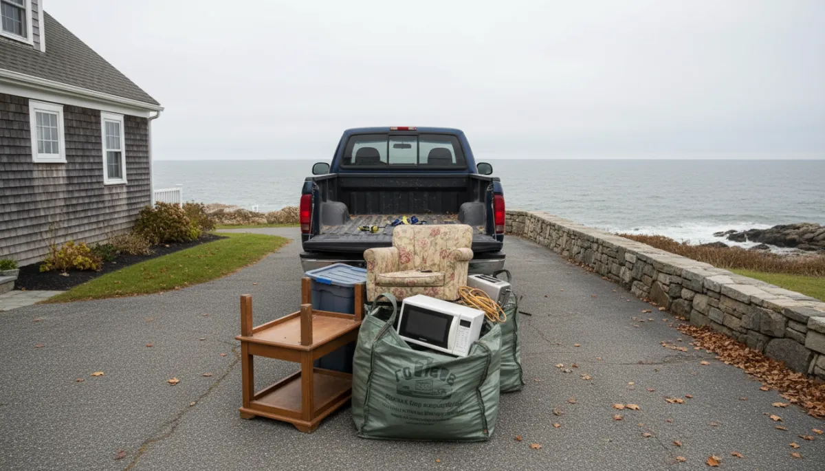 photographic realistic scene of a driveway in Gloucester MA with a filled green junk removal bag containing old furniture and small appliances, a pickup truck backed up ready to load, neutral coastal lighting