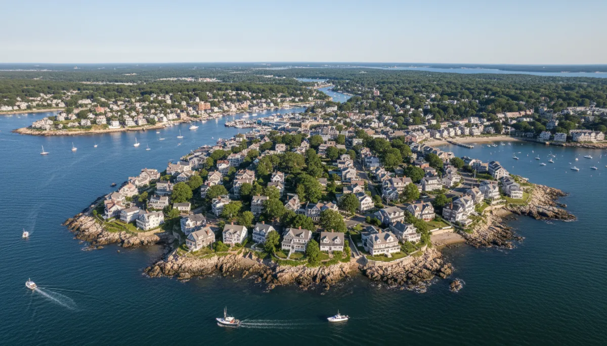 photographic realistic aerial view of Gloucester MA harbor and surrounding residential neighborhoods on a clear day, emphasizing coastal homes and tight street layout, neutral natural colors