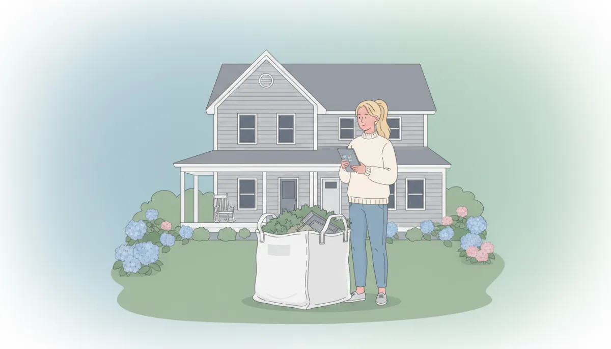 Homeowner in Georgetown MA reviewing a junk removal checklist beside a filled dumpster bag