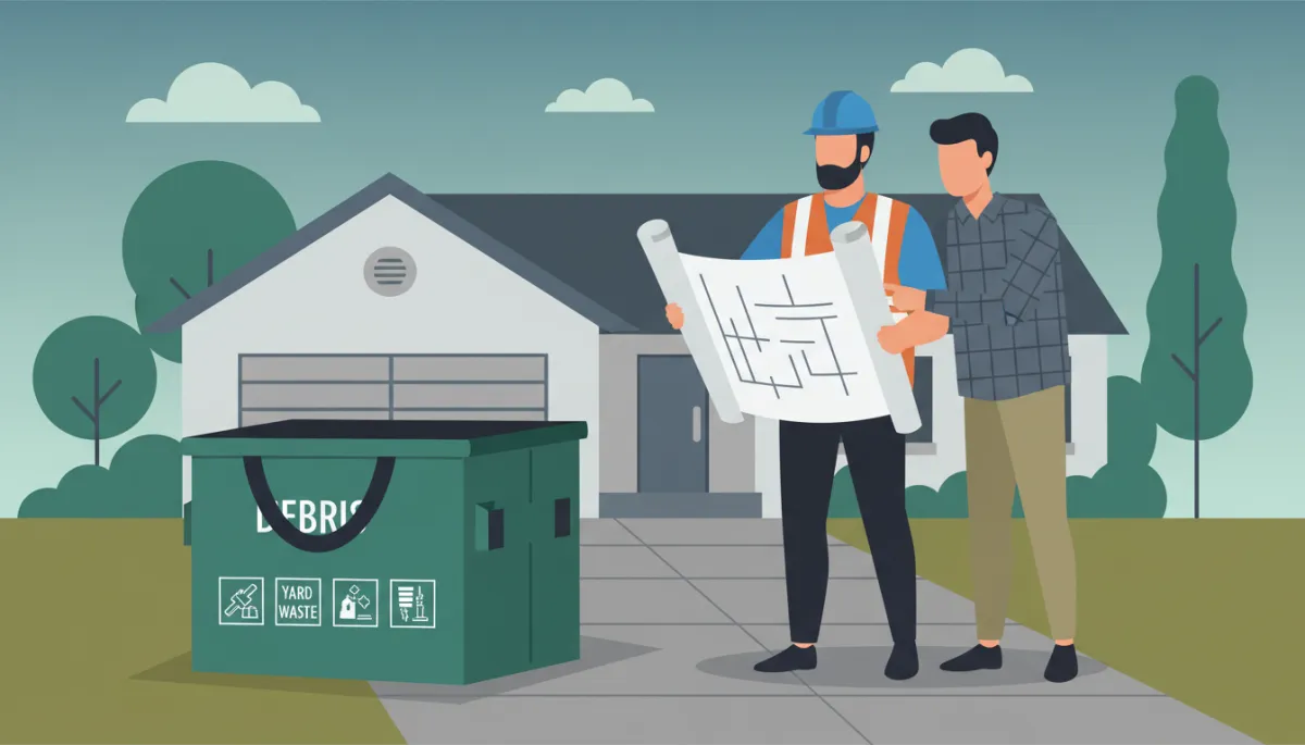 Contractor and homeowner planning debris removal in a Framingham MA driveway with green dumpster bag