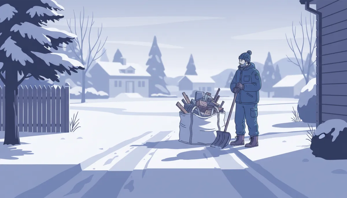 Illustration of winter construction debris removal in Hamilton MA with a cleared path to a junk bag