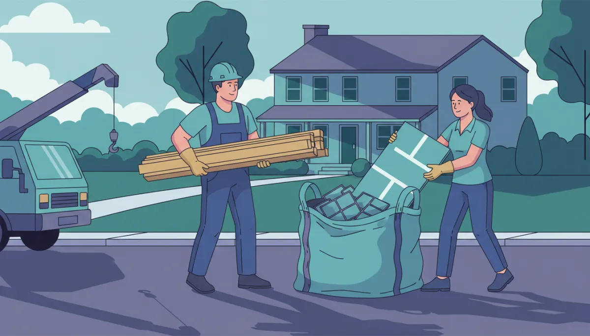 Illustration of debris pickup services in Hamilton MA with contractor and homeowner loading a junk bag