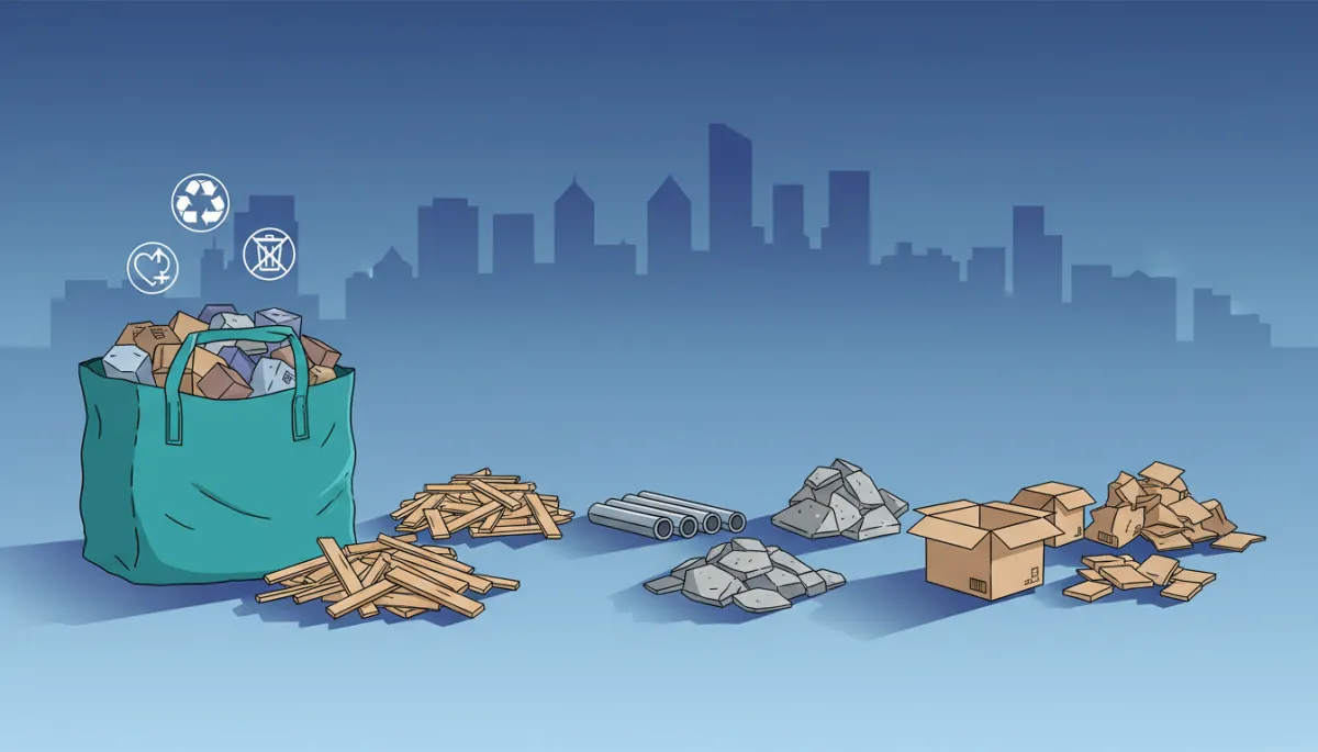 Illustration of construction debris sorted into recycling, donation, and landfill categories beside a dumpster bag