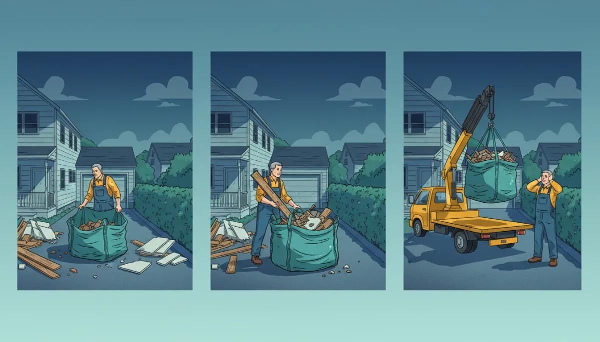 Illustrated sequence of a dumpster bag being unfolded, filled with construction debris, and picked up in Haverhill MA