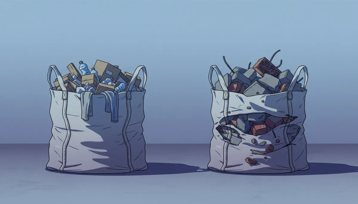 Illustrated comparison of a properly loaded dumpster bag and one overloaded with heavy concrete