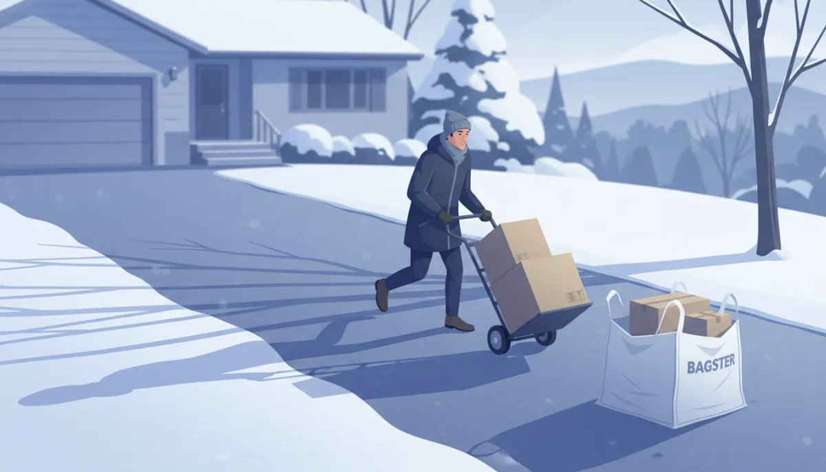 Illustrated Hopkinton resident carefully moving boxes down a sloped driveway to a dumpster bag