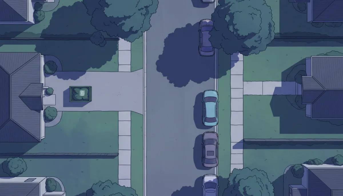 Illustrated narrow Hopkinton street with a compact dumpster bag placed safely in a driveway