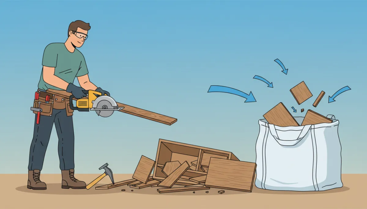 Illustration of breaking down cabinets and lumber before loading into a dumpster bag