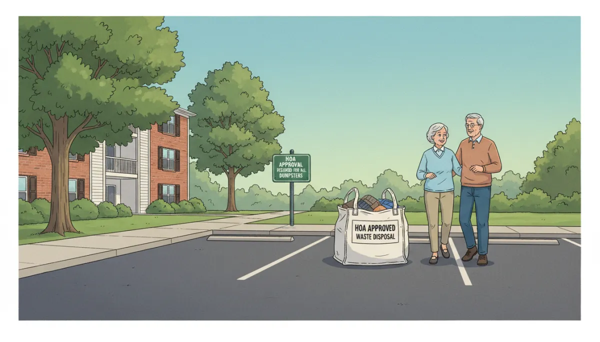 Illustration of a dumpster bag placed in a condo parking lot with HOA approval