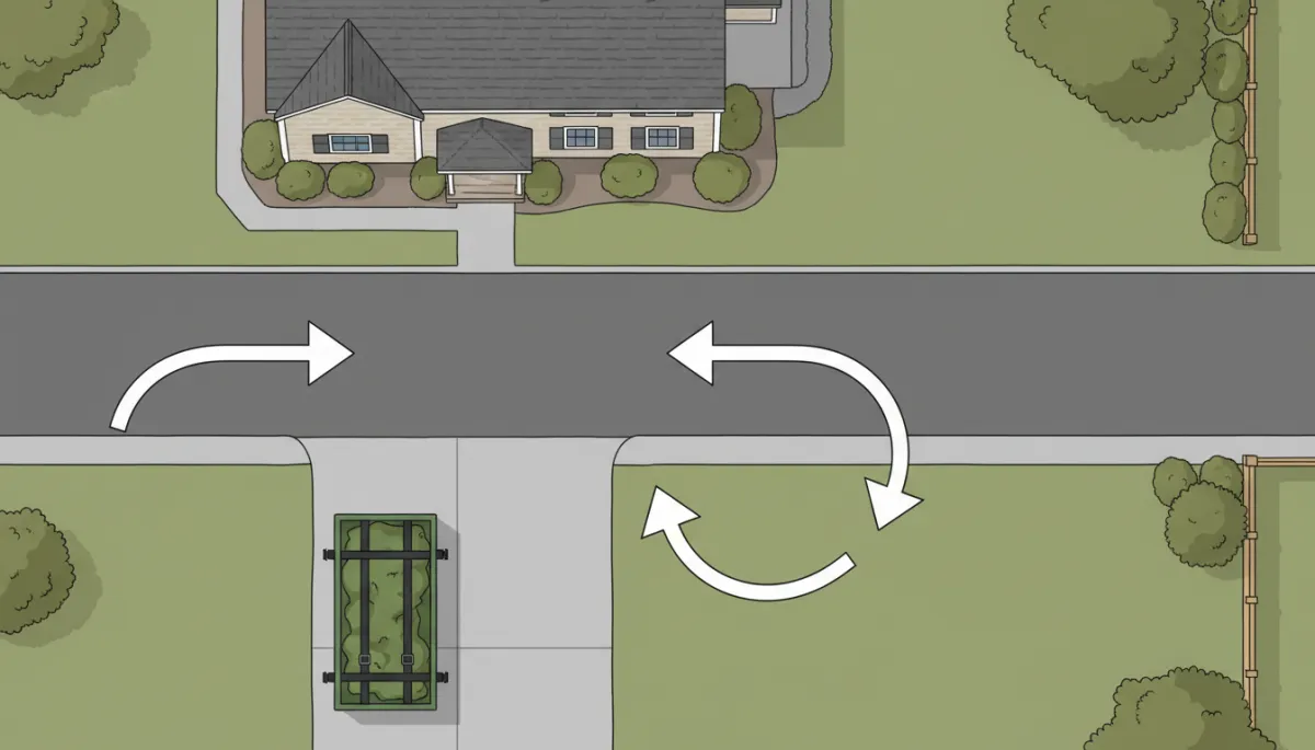 Illustration showing ideal driveway placement of a dumpster bag for truck access in Ipswich