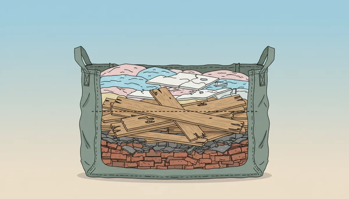 Illustration of layered construction debris inside a dumpster bag with heavy materials at the bottom