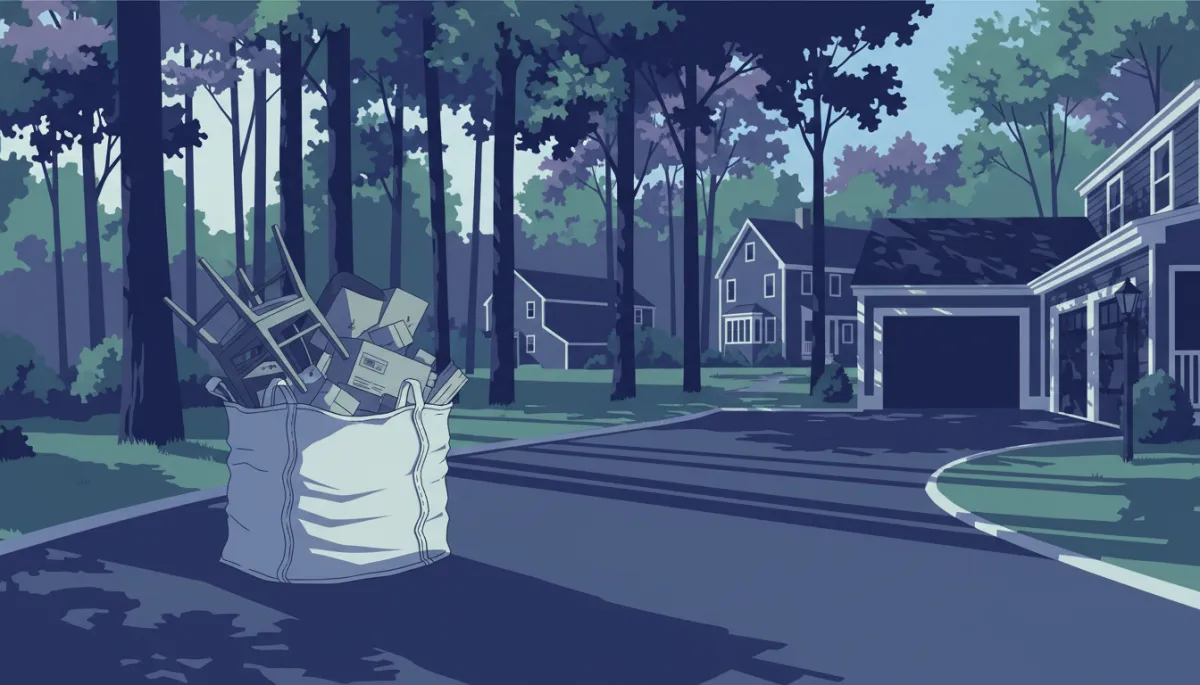 Illustration of a driveway dumpster bag filled with bulky junk in a Lexington neighborhood