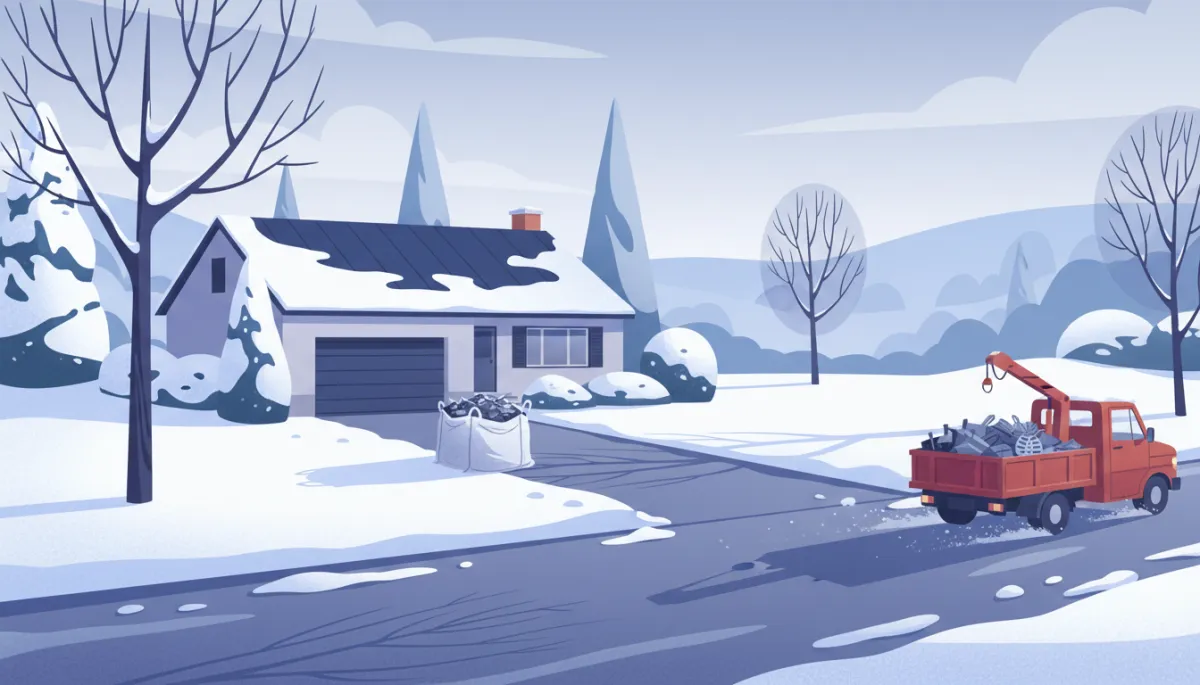 Illustration of winter bulk item pickup with snowbanks cleared around a dumpster bag