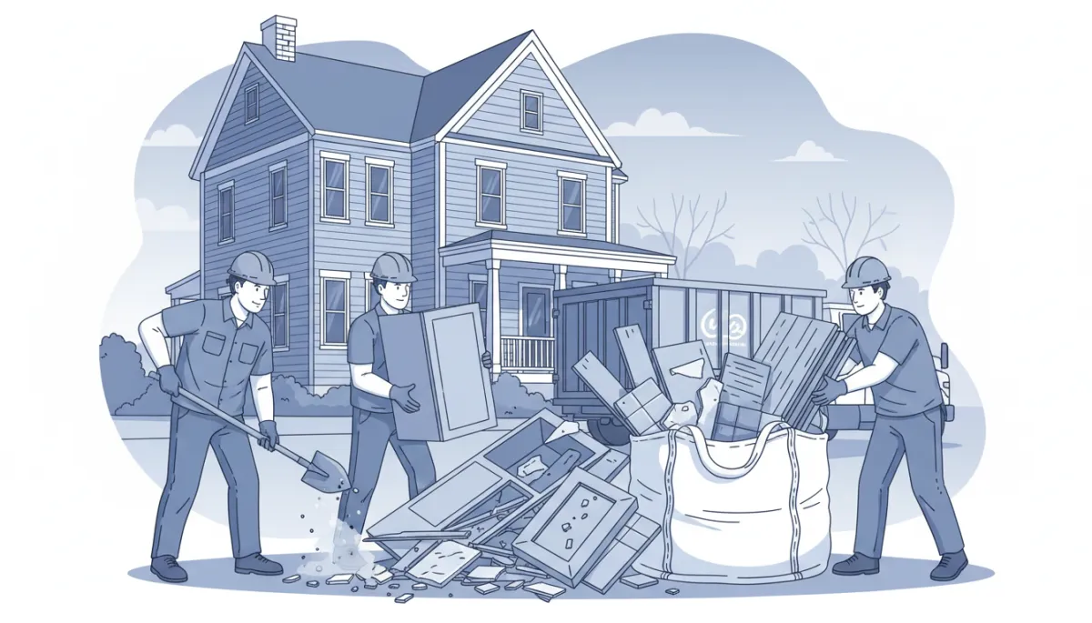 Illustration of contractors loading renovation debris into a junk removal bag in Lowell