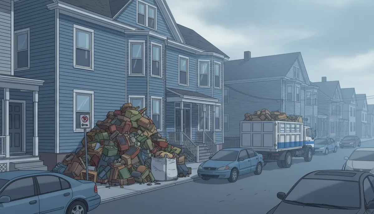 Illustration of junk removal setup outside a Lowell MA triple-decker on a narrow street