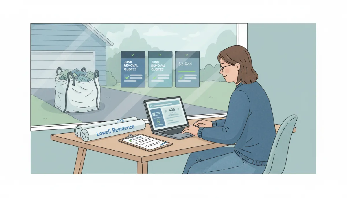Illustration of a Lowell homeowner planning junk removal and comparing quotes online