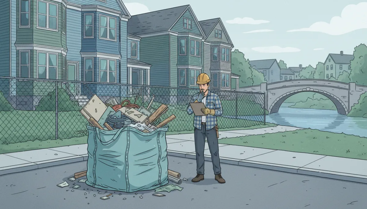 Illustration of a filled junk removal bag in a Lowell MA driveway after renovation
