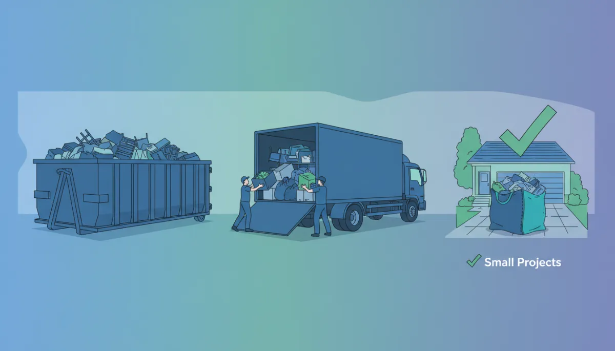 Illustration comparing roll-off dumpsters, junk removal crews, and dumpster bags for Lynn MA projects