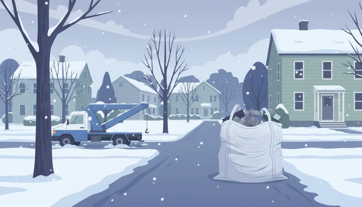 Illustration of winter construction debris pickup from a Lynn MA driveway with snowbanks