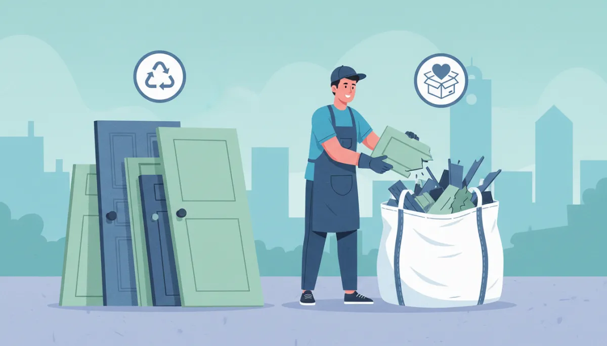 Illustration of a Lynn MA homeowner separating reusable materials from construction debris for donation and recycling