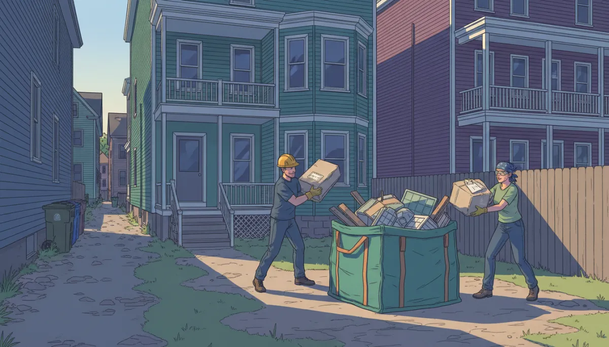 Illustration of a Lynn MA backyard construction cleanup using a dumpster bag service