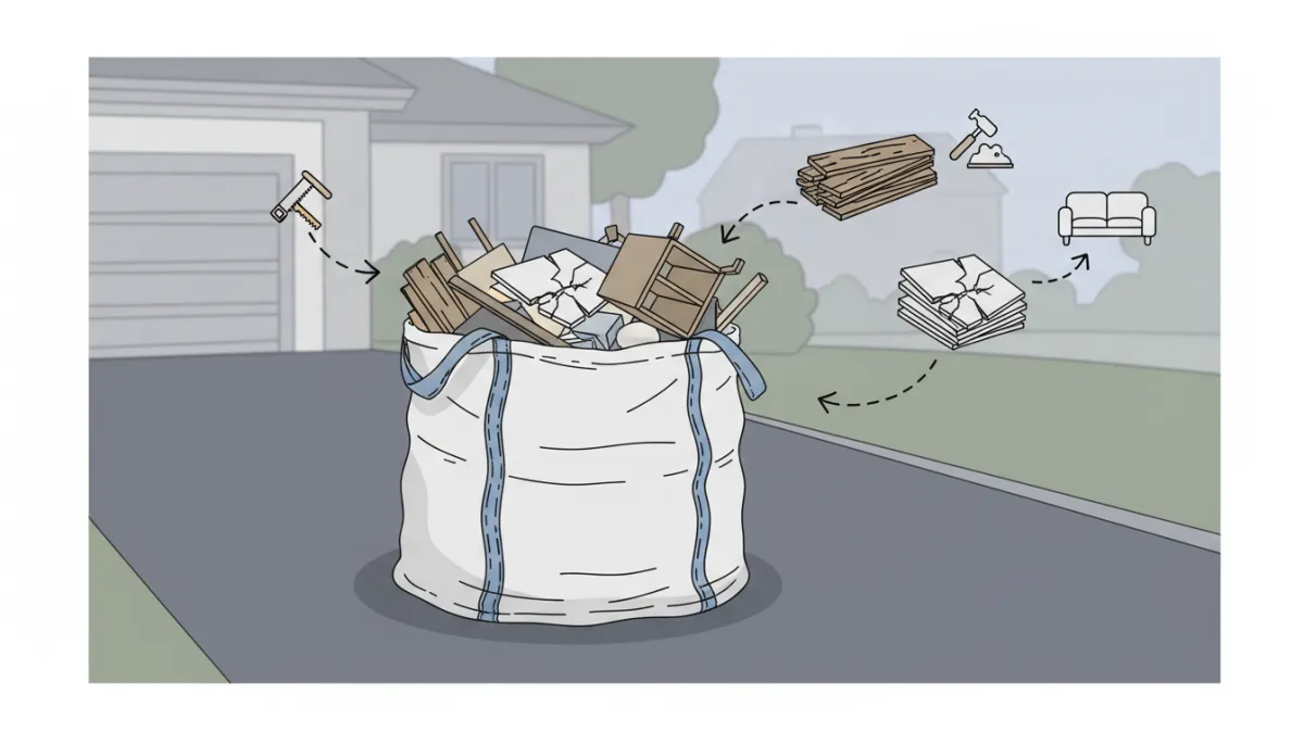 Illustration of acceptable junk and renovation debris in a Malden MA dumpster bag