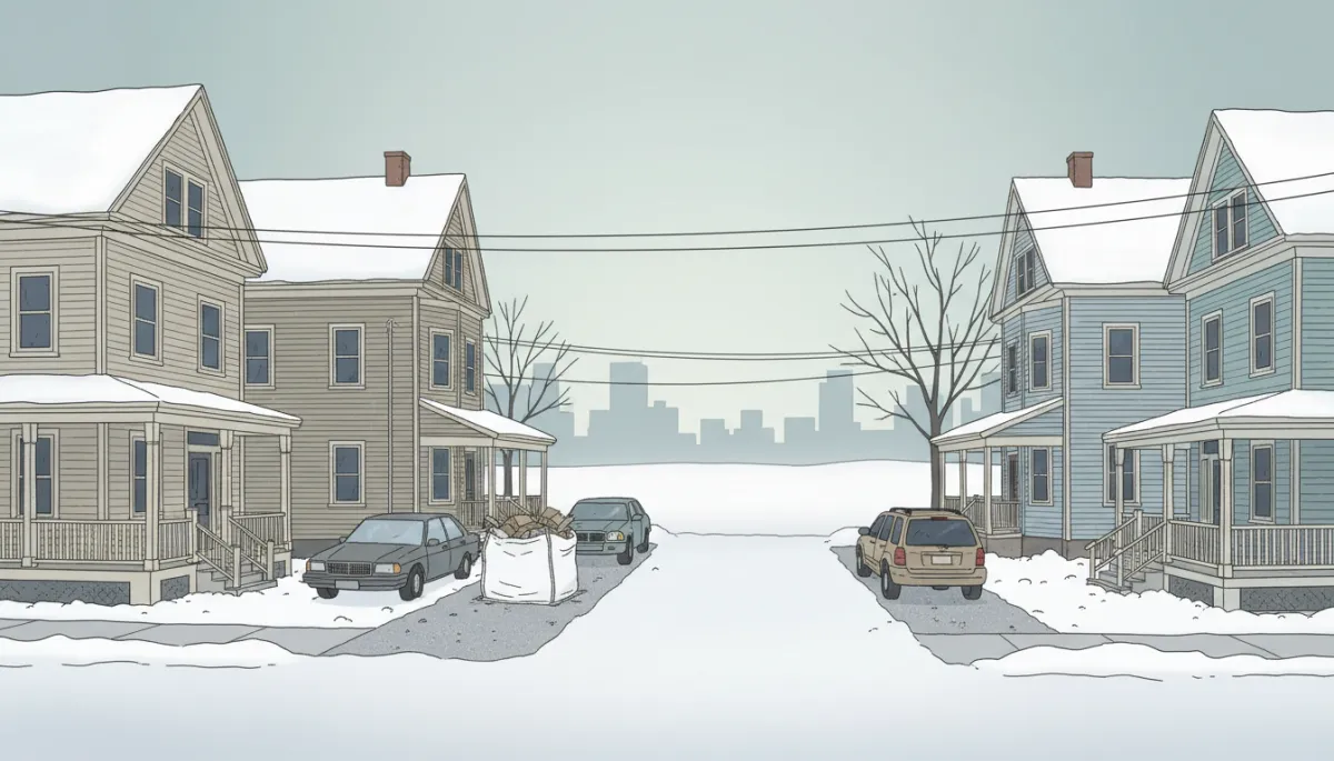 Illustration of a dumpster bag placed safely off a narrow Malden MA street in winter
